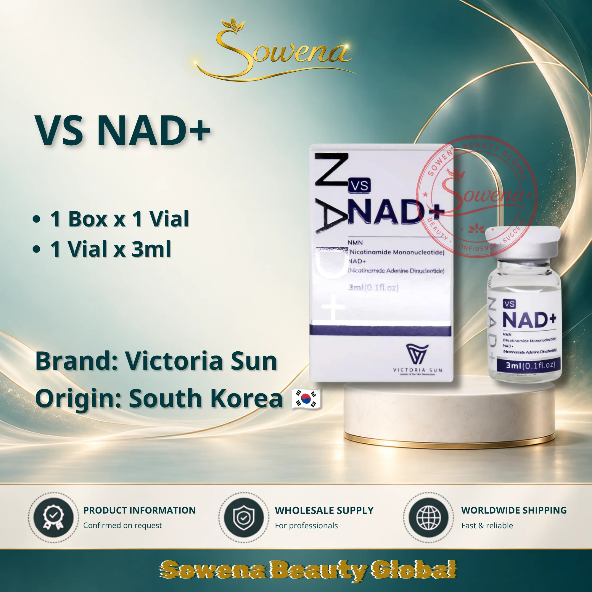 VS NAD+ Victoria Sun product box and vial in Sowena Beauty artwork