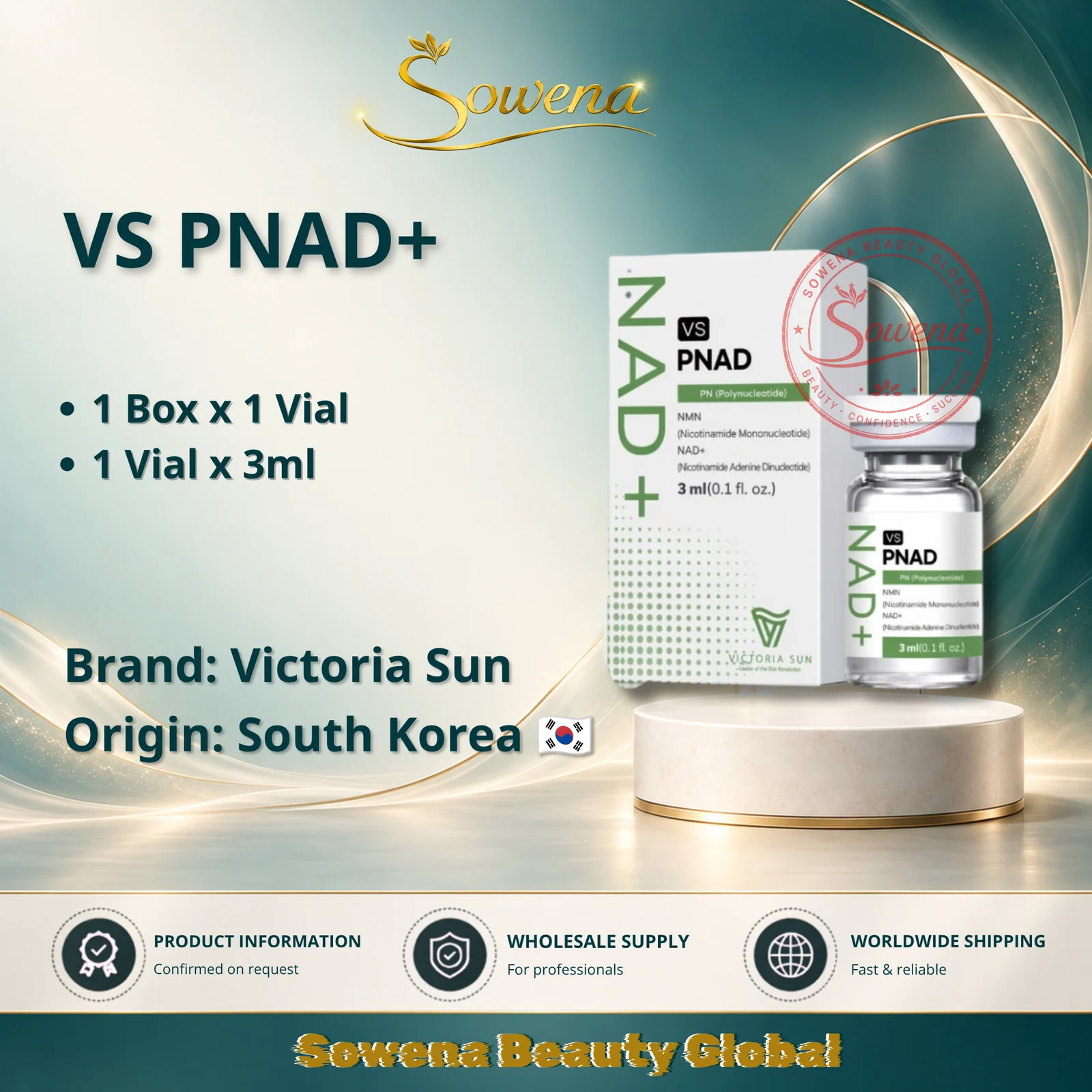 VS PNAD+ Victoria Sun box and vial in approved Sowena Beauty artwork